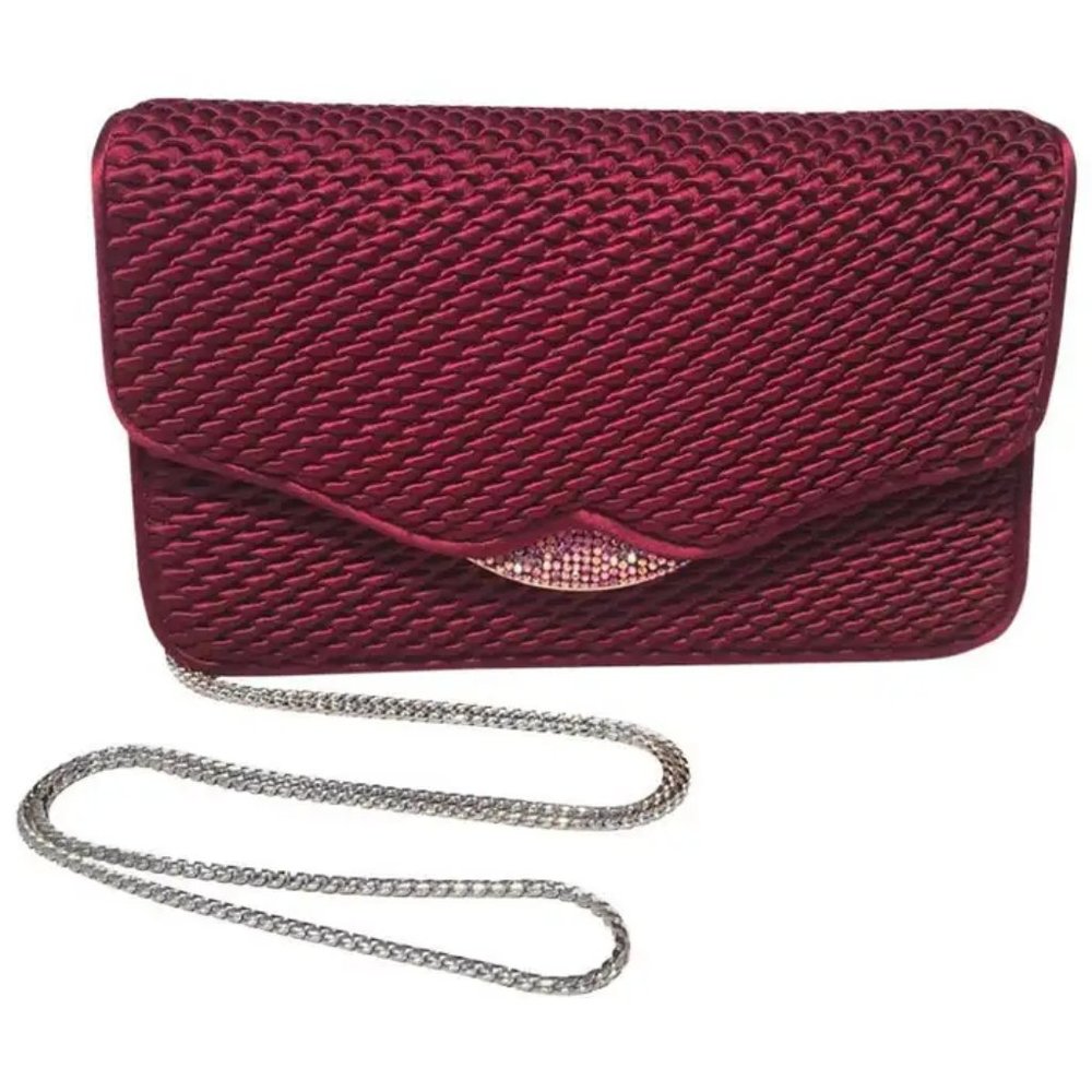 Judith Leiber Dark Red Satin Silk and Swarovski Crystal Evening Bag Clutch